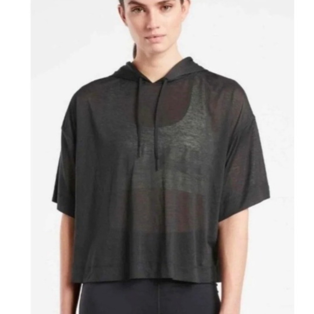 Athleta Vapor Hooded Shirts Womens L Black Short Sleeve Boxy Yoga Gym Athleisure